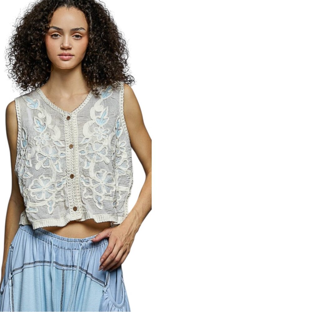 Cotton Vest Top Crochet Detailing With Floral Embroidery